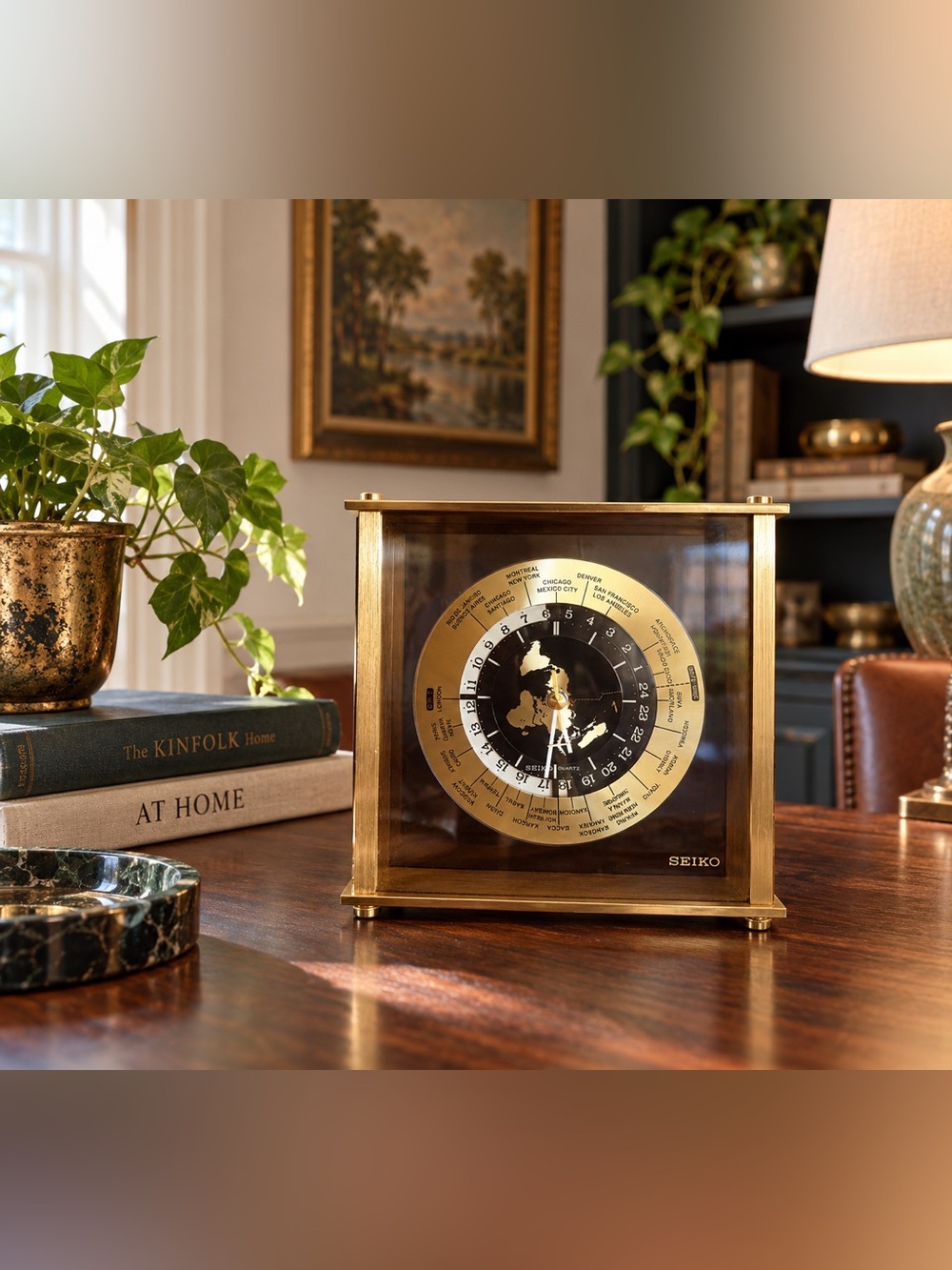 Seiko Brass-Tone World Time Desk Clock with Black Dial